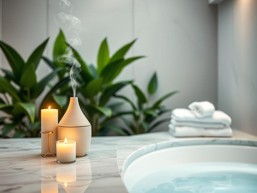 ambient lighting and aromatherapy in a luxurious bathroom